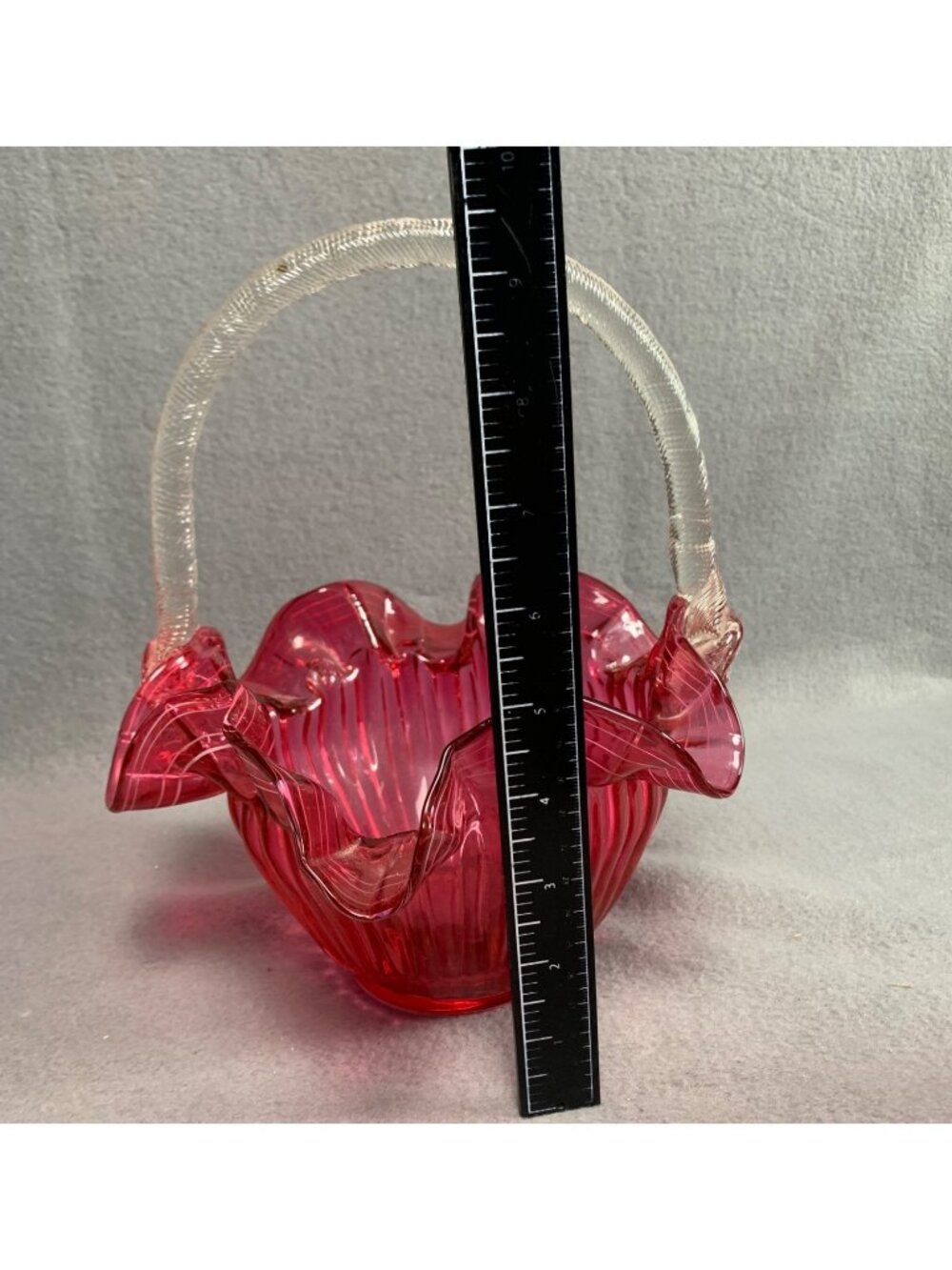 Hand-Blown Cranberry Glass Basket Ruffled Edge & Clear Handle Vintage - Picture 8 of 14